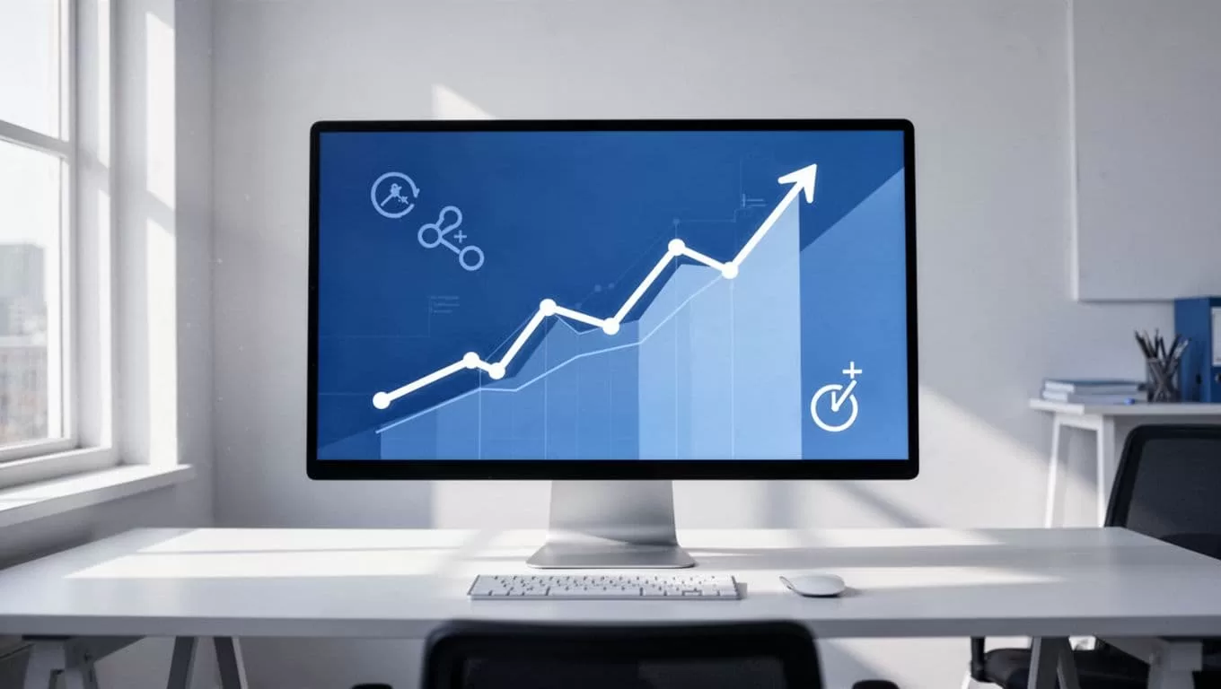 SaaS dashboard graph on office monitor shows rising payment recovery rates after retries with churn icons.