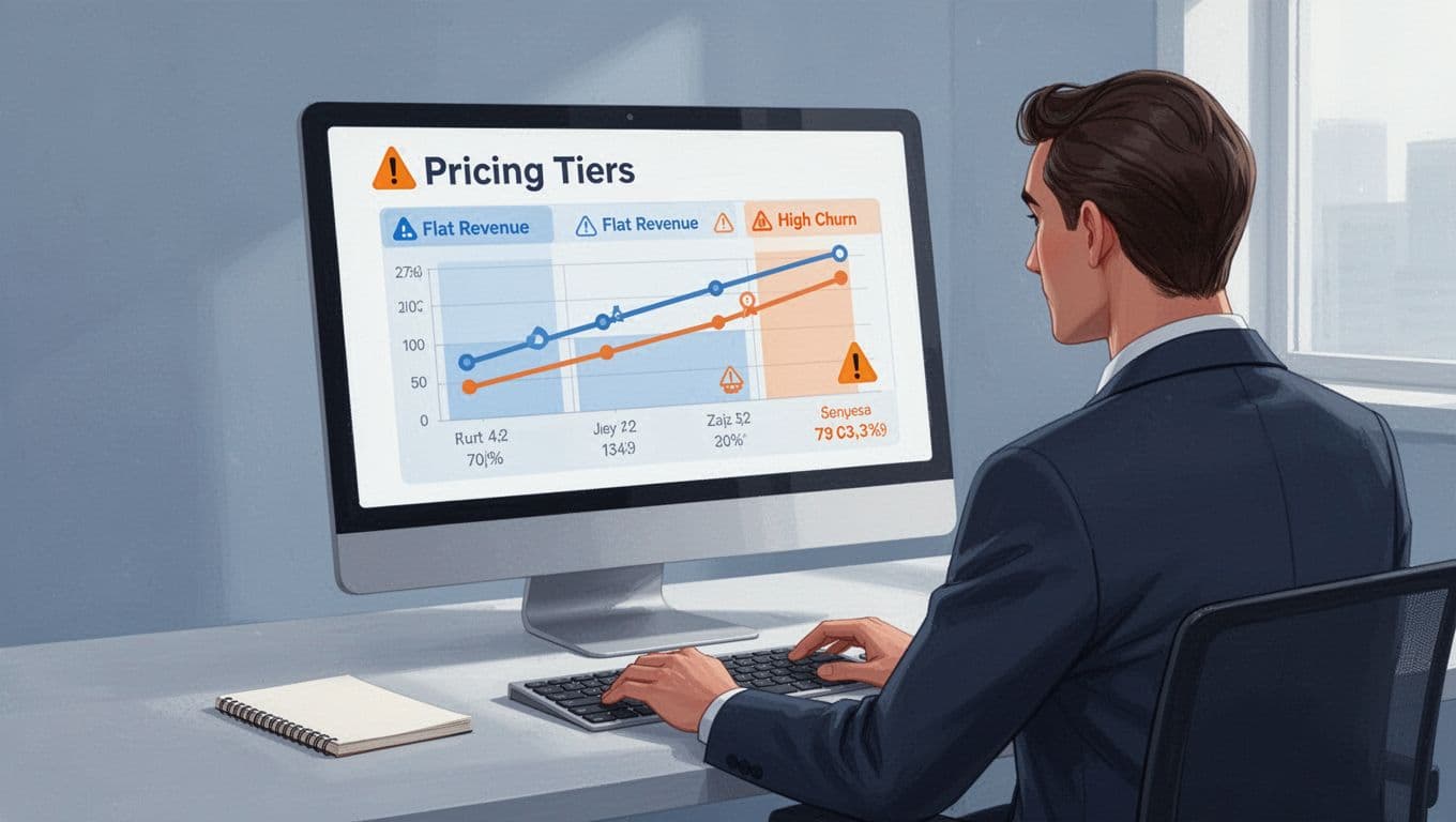 Business professional reviews computer screen with warning signs over flat ARPU and high churn in pricing tiers chart on desk with notepad.