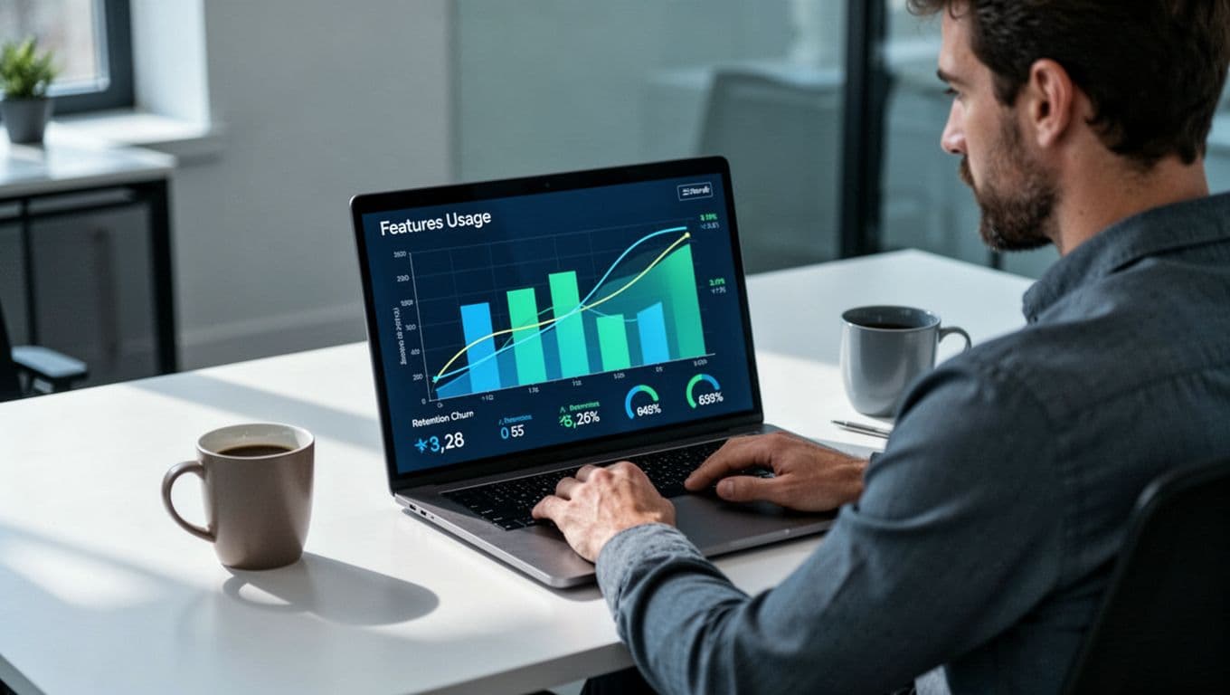 Product manager at desk views laptop dashboard with feature usage bars, retention curves, and churn rates in clean office.