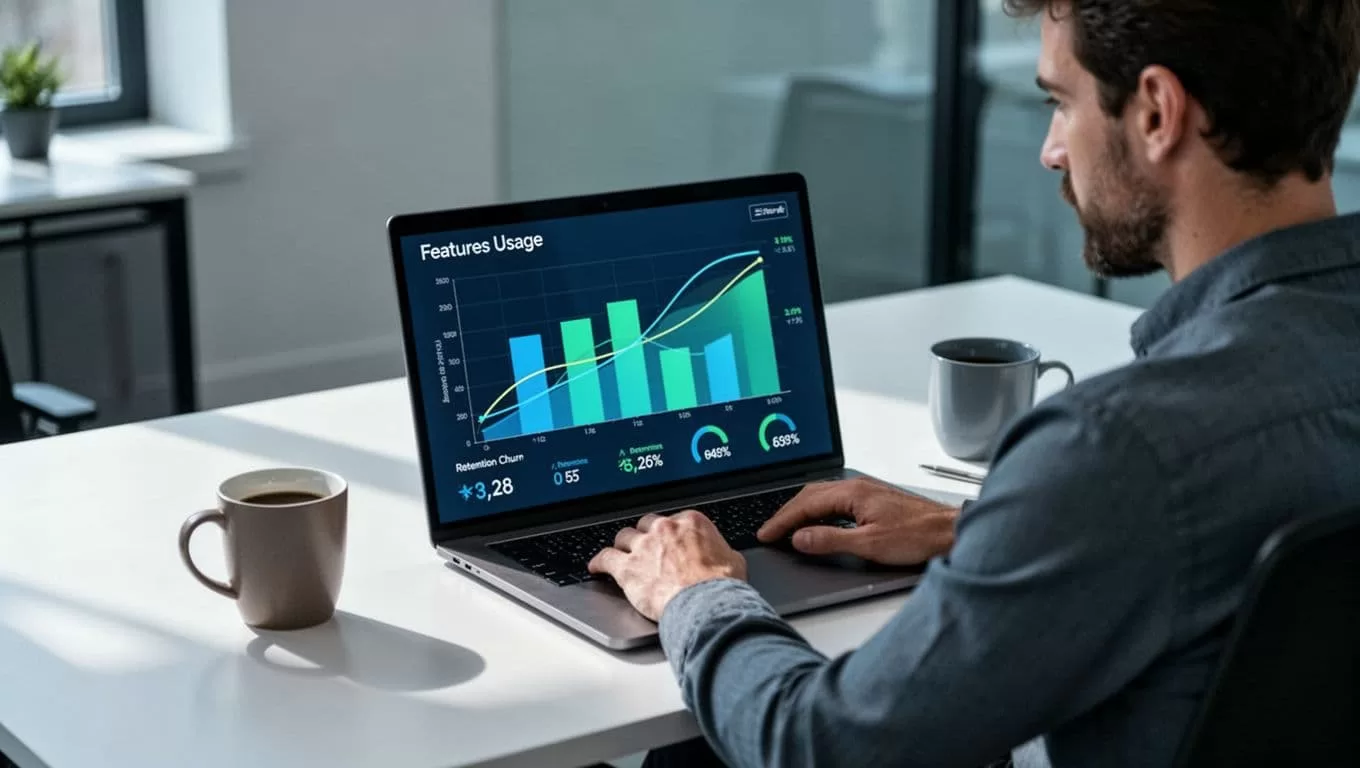 Product manager at desk views laptop dashboard with feature usage bars, retention curves, and churn rates in clean office.