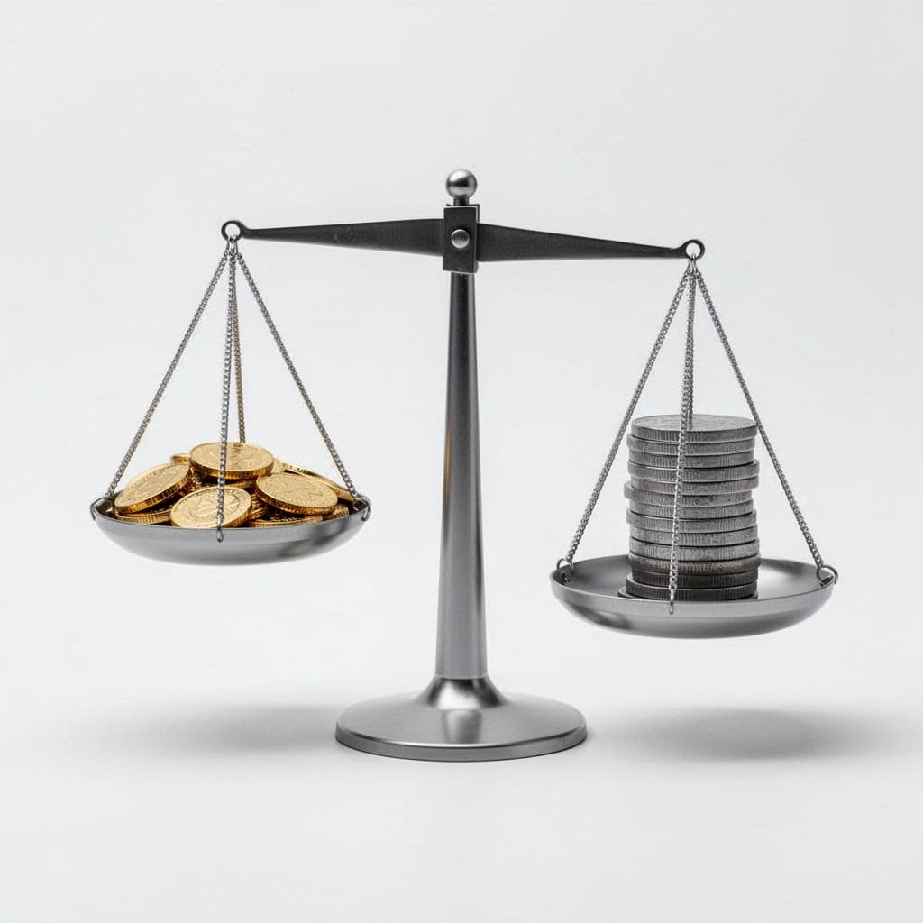 A minimalist scale balances gold coins representing revenue gains against grey coins representing revenue losses.