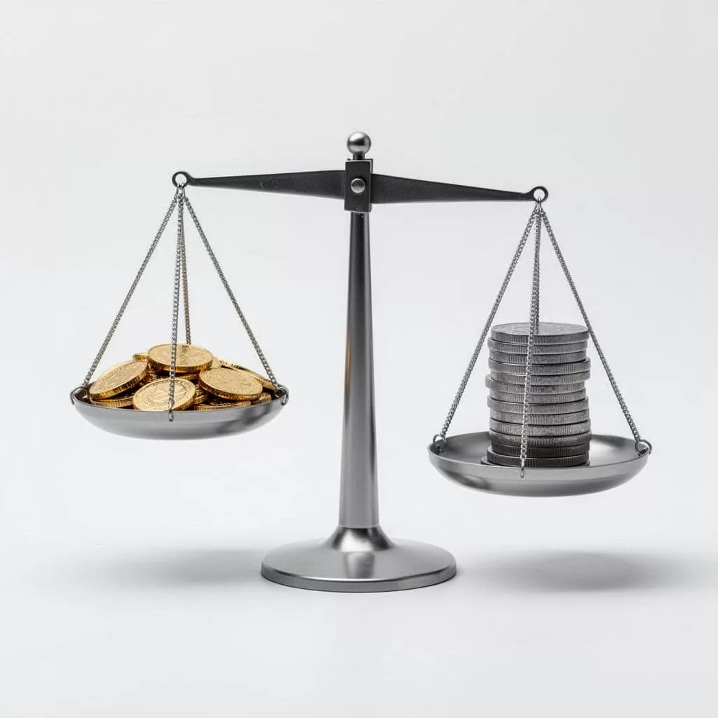 A minimalist scale balances gold coins representing revenue gains against grey coins representing revenue losses.