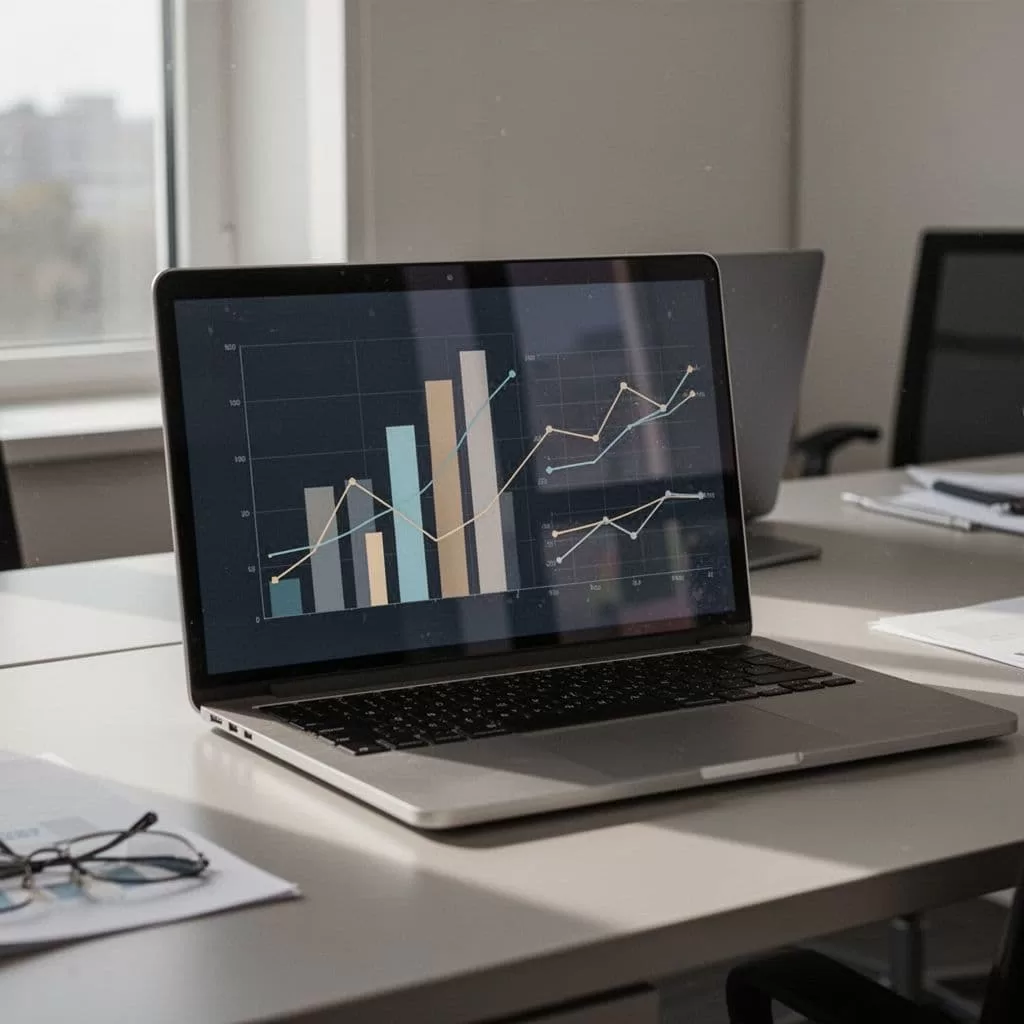 A laptop displays digital analytics with bar charts and line graphs in a sunlit office.