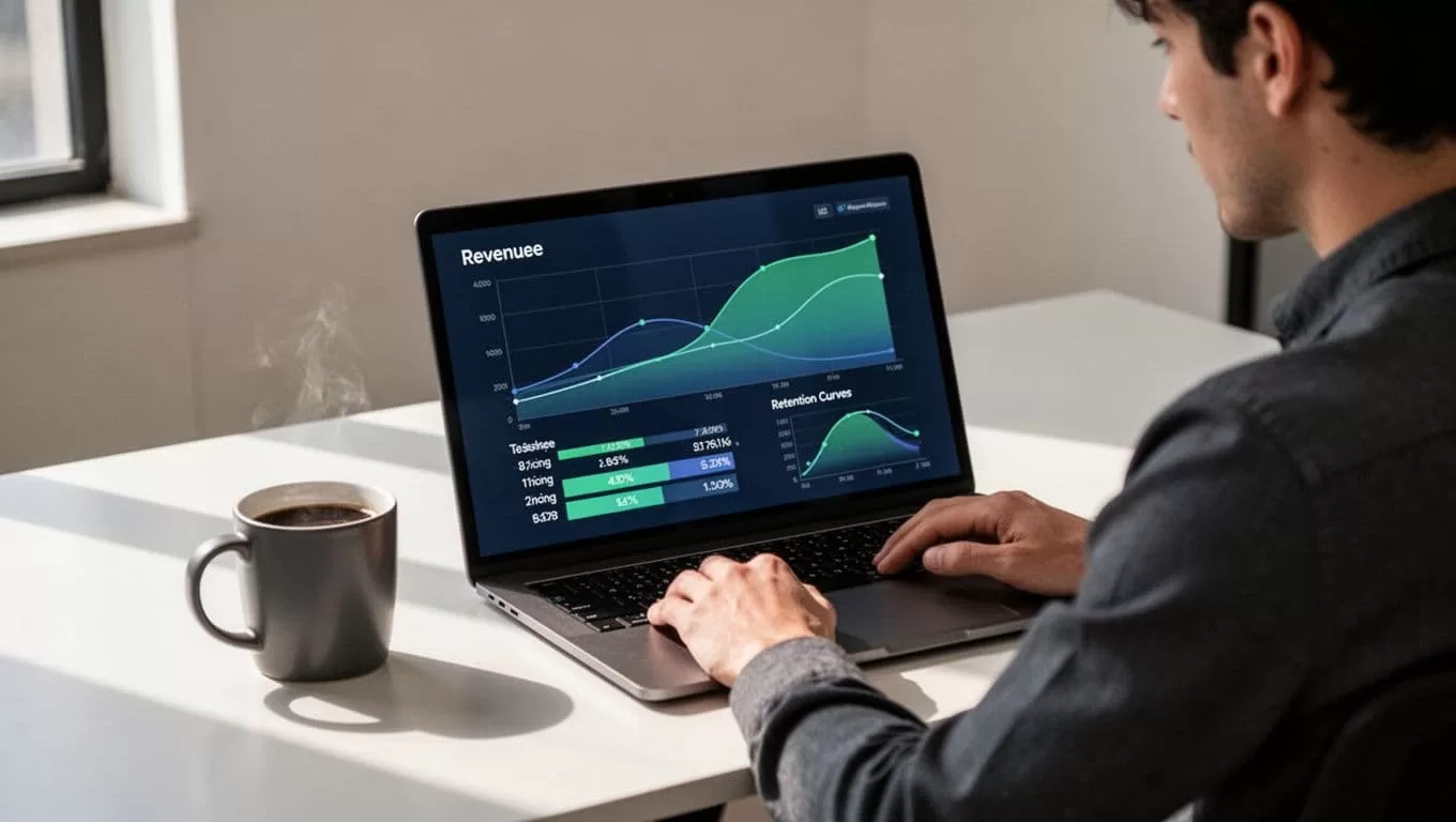 Laptop screen displays charts for MRR by pricing tier, upgrade funnels, and retention curves; analyst at modern desk with coffee mug.