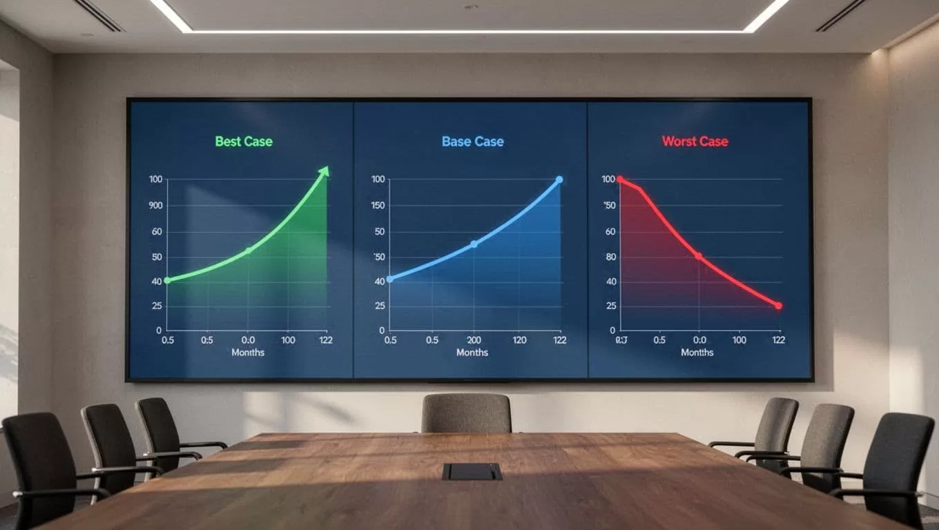 Three side-by-side line charts on a digital wall display green upward, blue steady, and red declining lines in a neutral conference room.