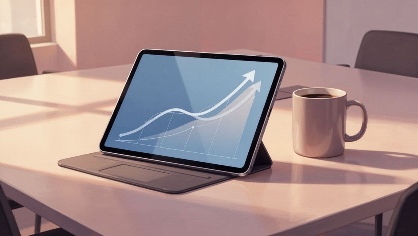 Tablet on conference table displays revenue graph with upward trends and projection arrows, coffee mug nearby.