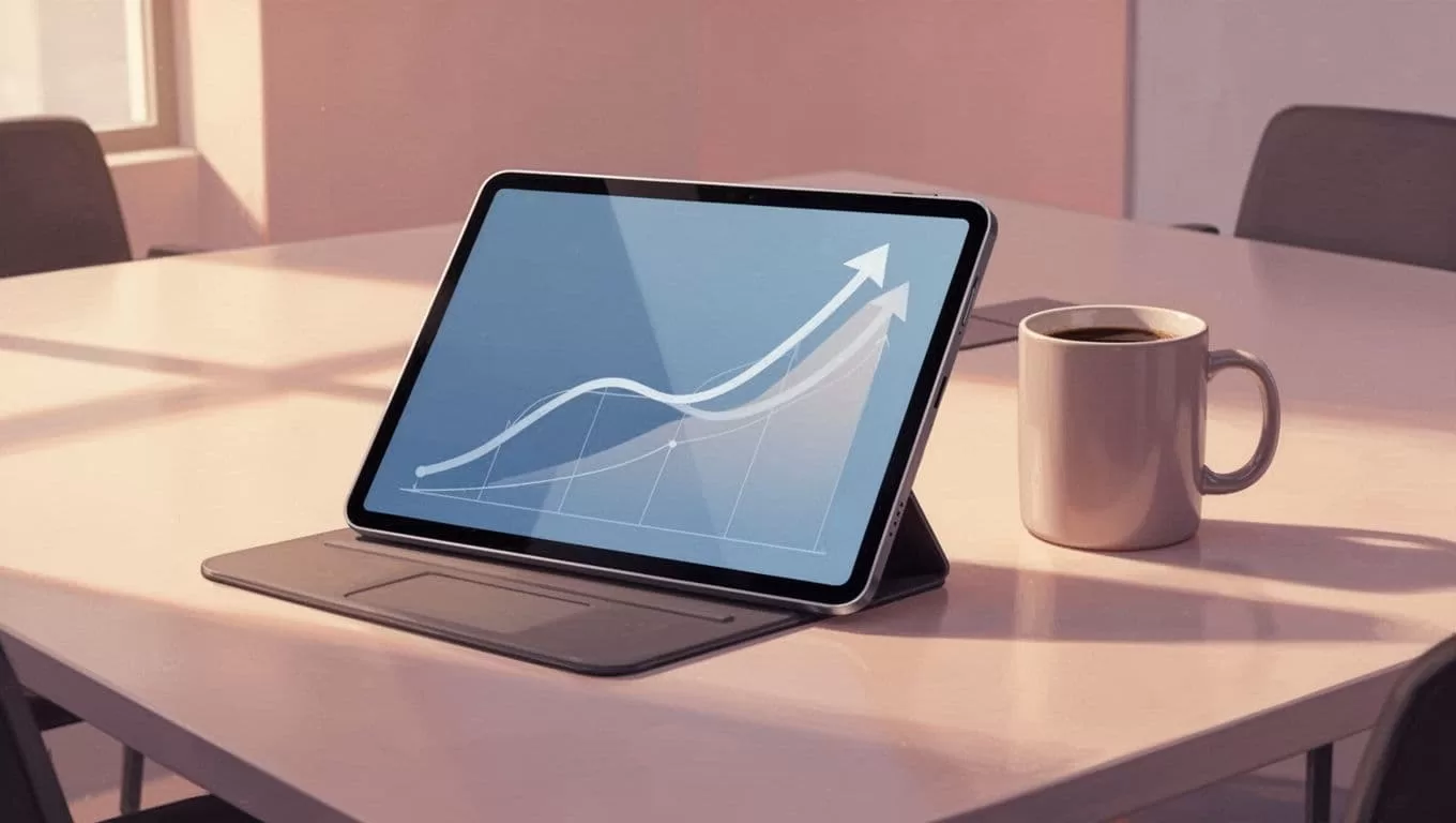 Tablet on conference table displays revenue graph with upward trends and projection arrows, coffee mug nearby.