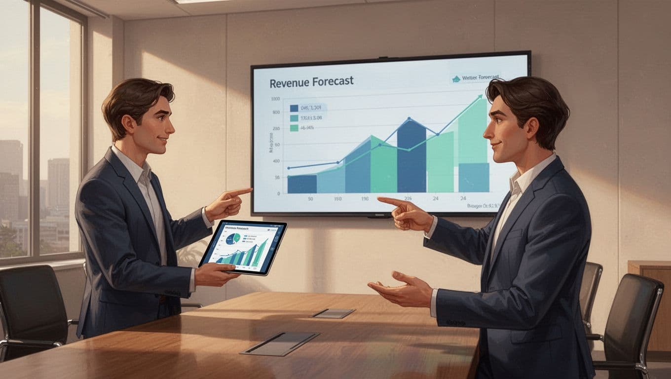 Two team members in conference room discuss revenue forecast charts on tablet and screen.