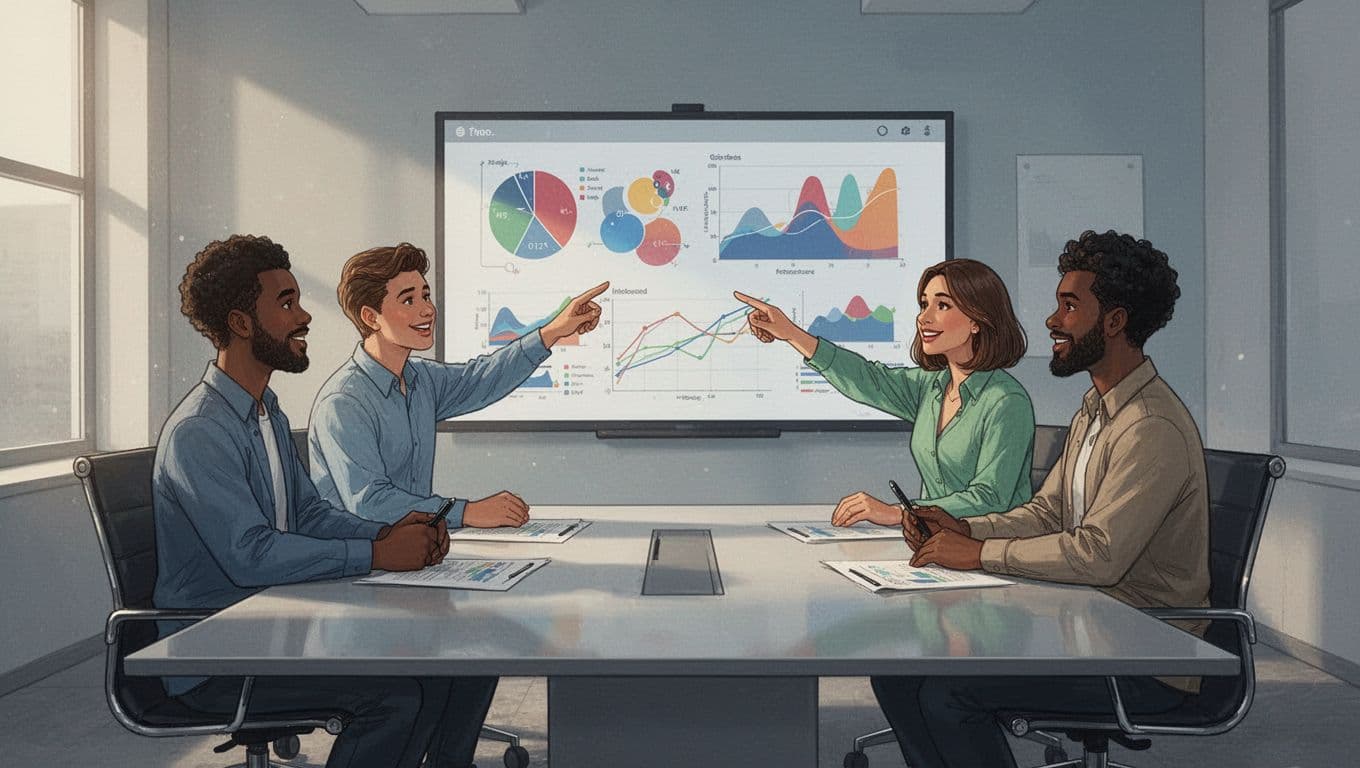 Three diverse team members around a conference table view LTV and CAC graphs on a shared screen.