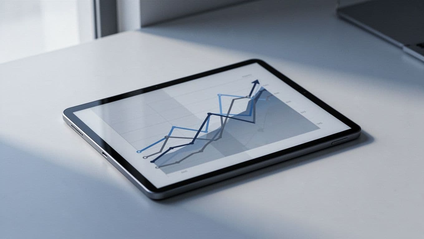 A minimalist tablet display showing abstract line graphs and growth analytics in blue and gray.