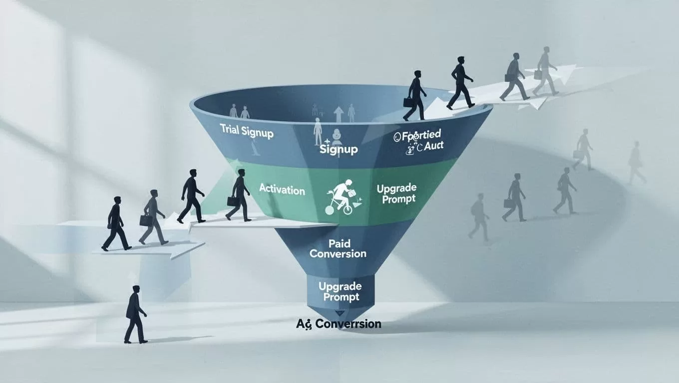 Blue-green flat illustration of subscription funnel from trial signup to paid conversion, with icons showing drop-offs at activation and upgrade stages.