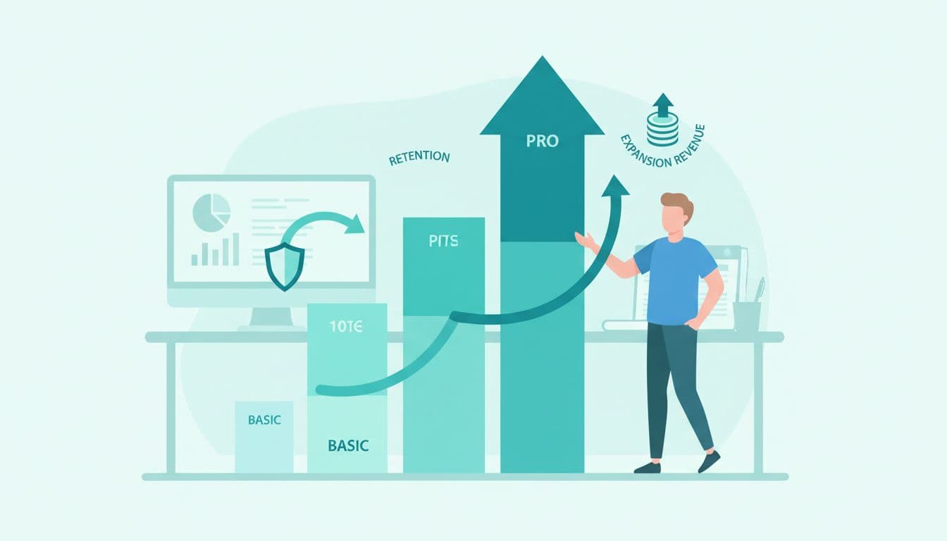 Upward arrow graph shows SaaS upgrades from basic to pro tiers, surrounded by retention and expansion icons; one figure points at it on a desk with charts.