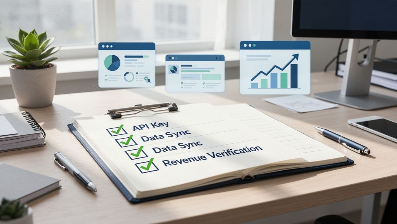 Checklist on office desk with checkmarks next to API key, data sync, MRR verification, and SaaS icons.