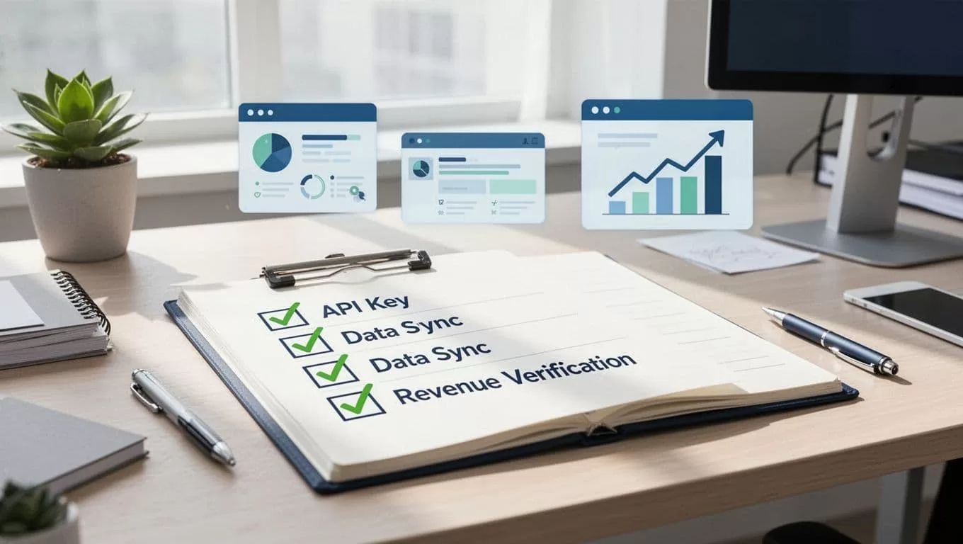 Checklist on office desk with checkmarks next to API key, data sync, MRR verification, and SaaS icons.