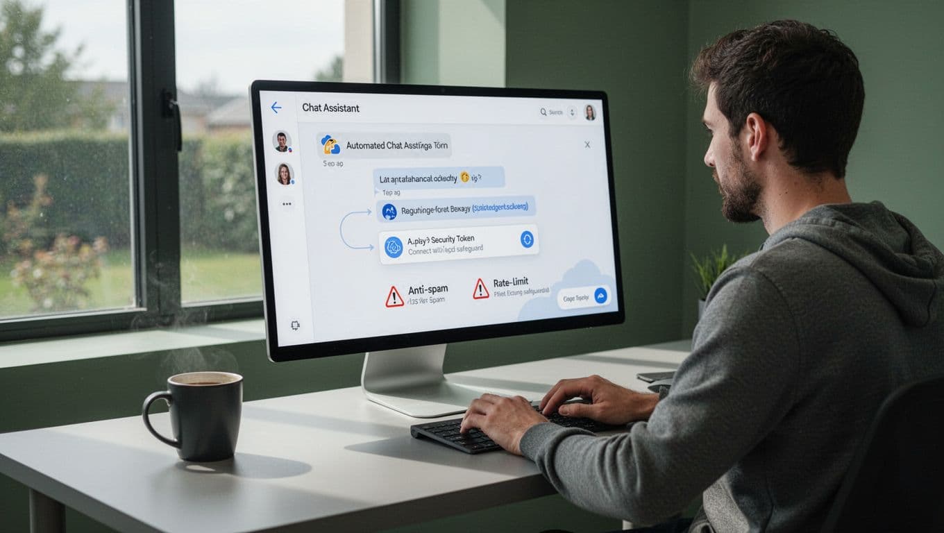 Developer at desk creates Discord bot on screen showing portal, token copy, cloud connection, spam and rate limit warnings, coffee mug nearby.