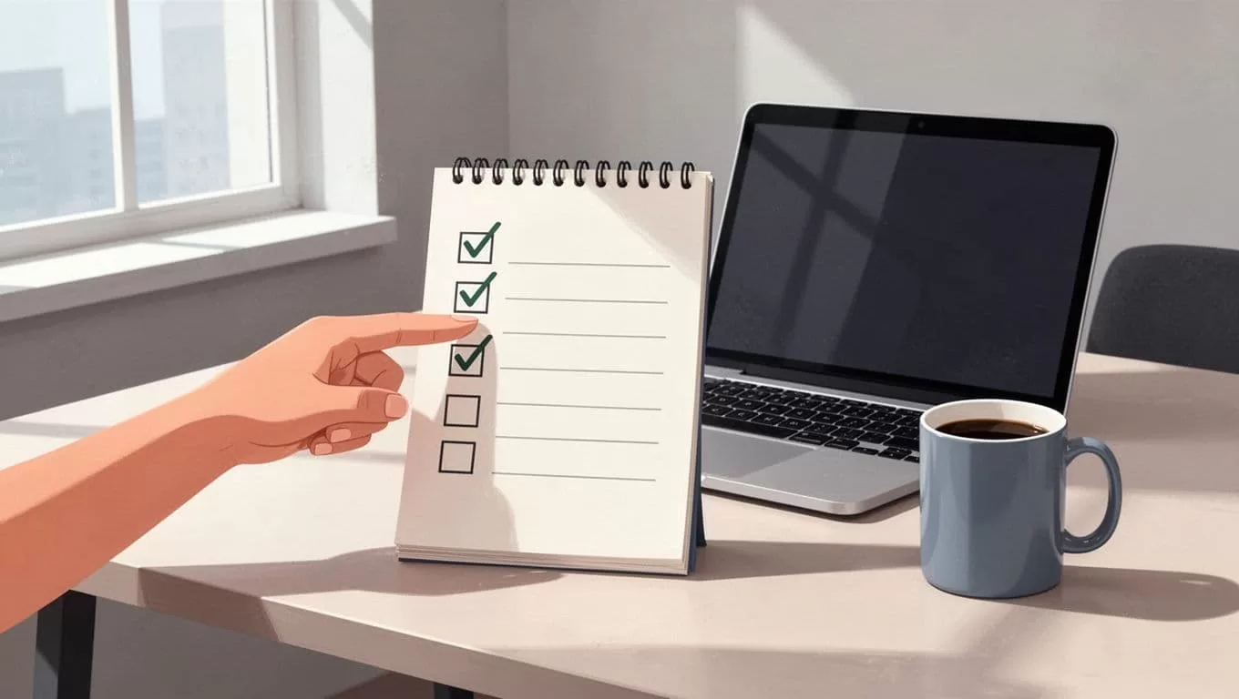 Hand points to notepad checklist titled Safe Checklist next to computer on desk with coffee mug.