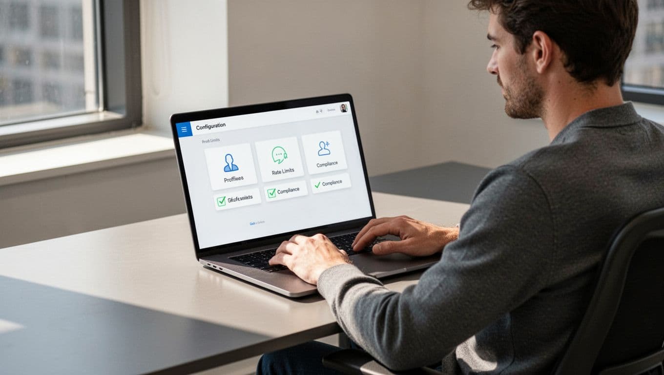 Laptop on modern office desk displays clean dashboard with icons for profiles, rate limits, and compliance; one person at keyboard.