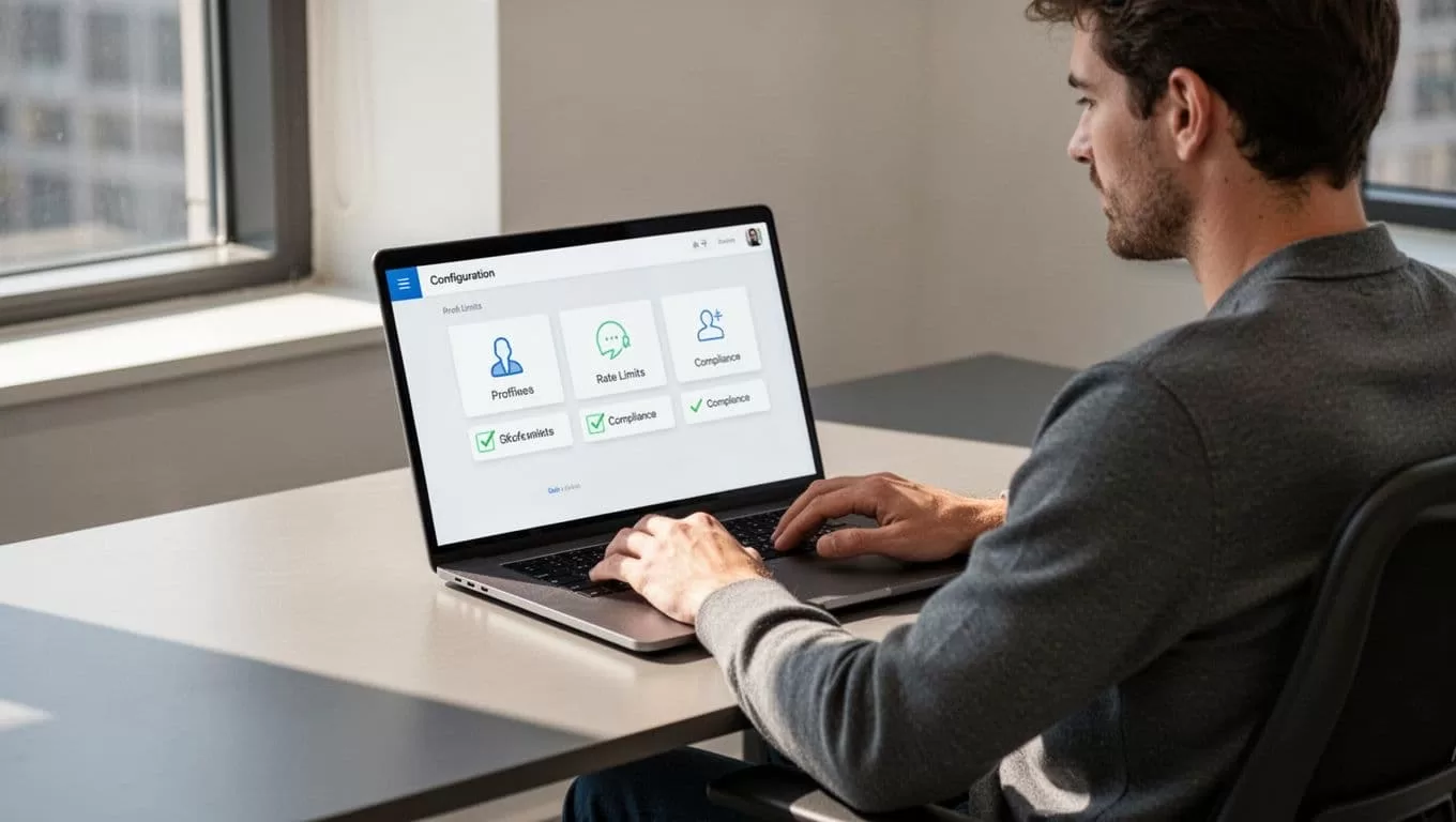 Laptop on modern office desk displays clean dashboard with icons for profiles, rate limits, and compliance; one person at keyboard.