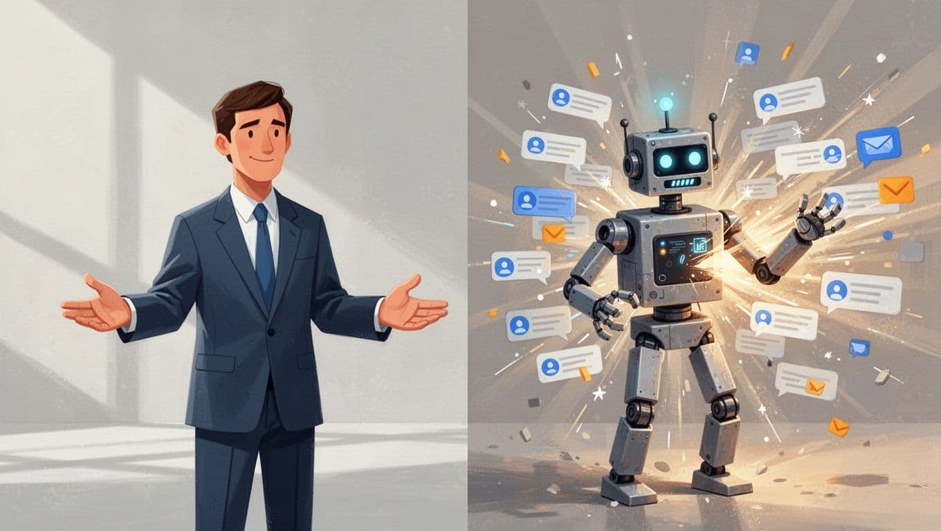 Split illustration shows calm professional gradually reaching out on left, frantic robot sending mass messages on right.