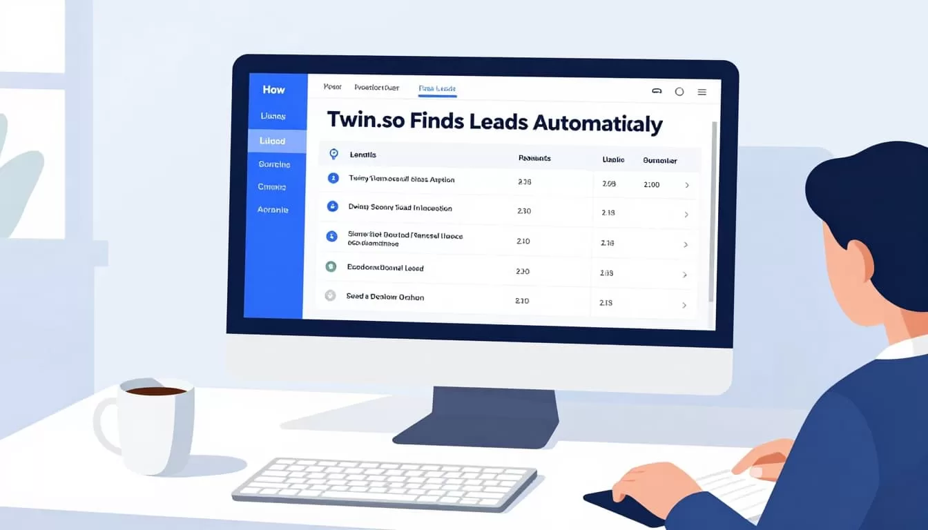 Laptop on clean desk shows sales dashboard with lead lists and automation flows; coffee mug nearby, person reviews data in background.