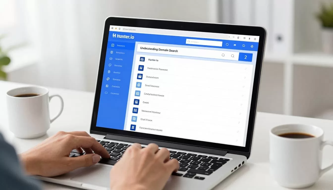 Sales professional at modern desk with laptop showing domain search email list icons and coffee mug nearby.