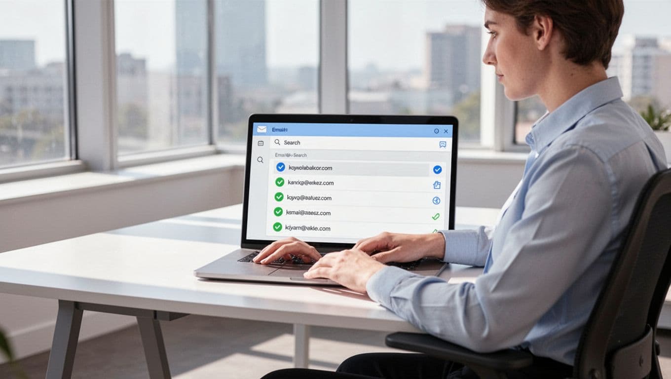 Sales professional at modern desk in bright office views laptop screen showing email list with verification icons.