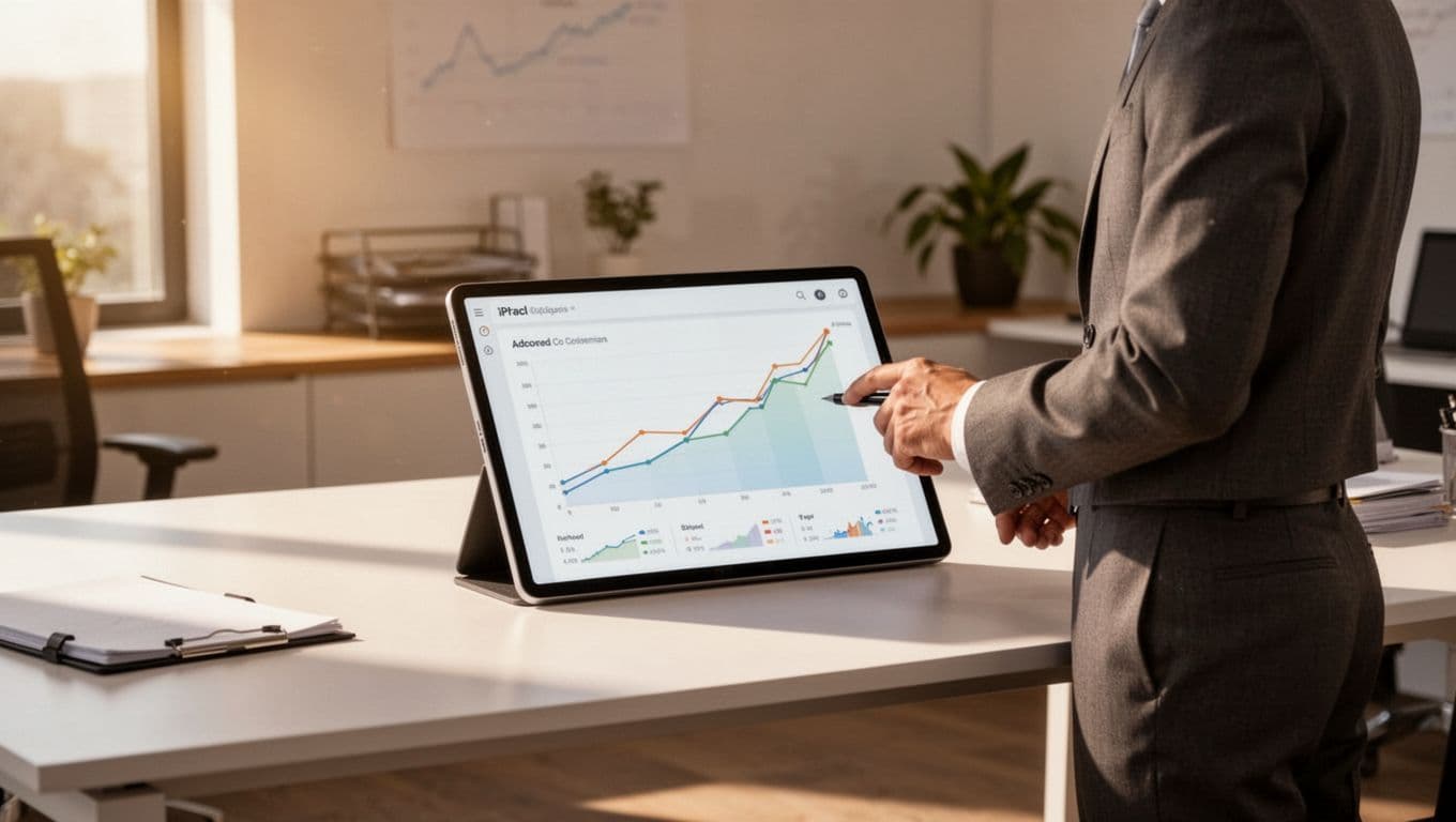 Sales professional reviews LinkedIn connection growth charts on tablet at clean desk in modern office.