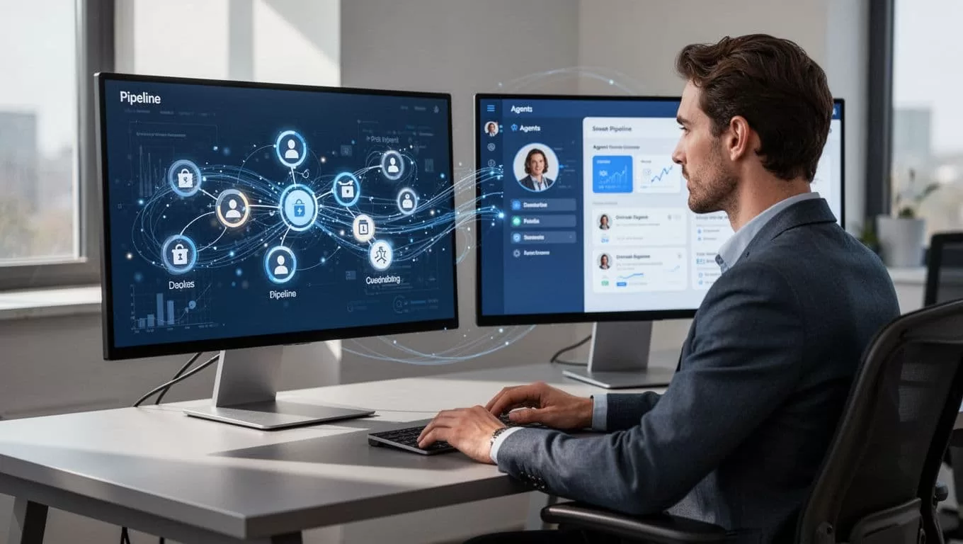 Sales professional at desk with dual monitors showing HubSpot pipeline and Twin.so agent, linked by data sync lines.