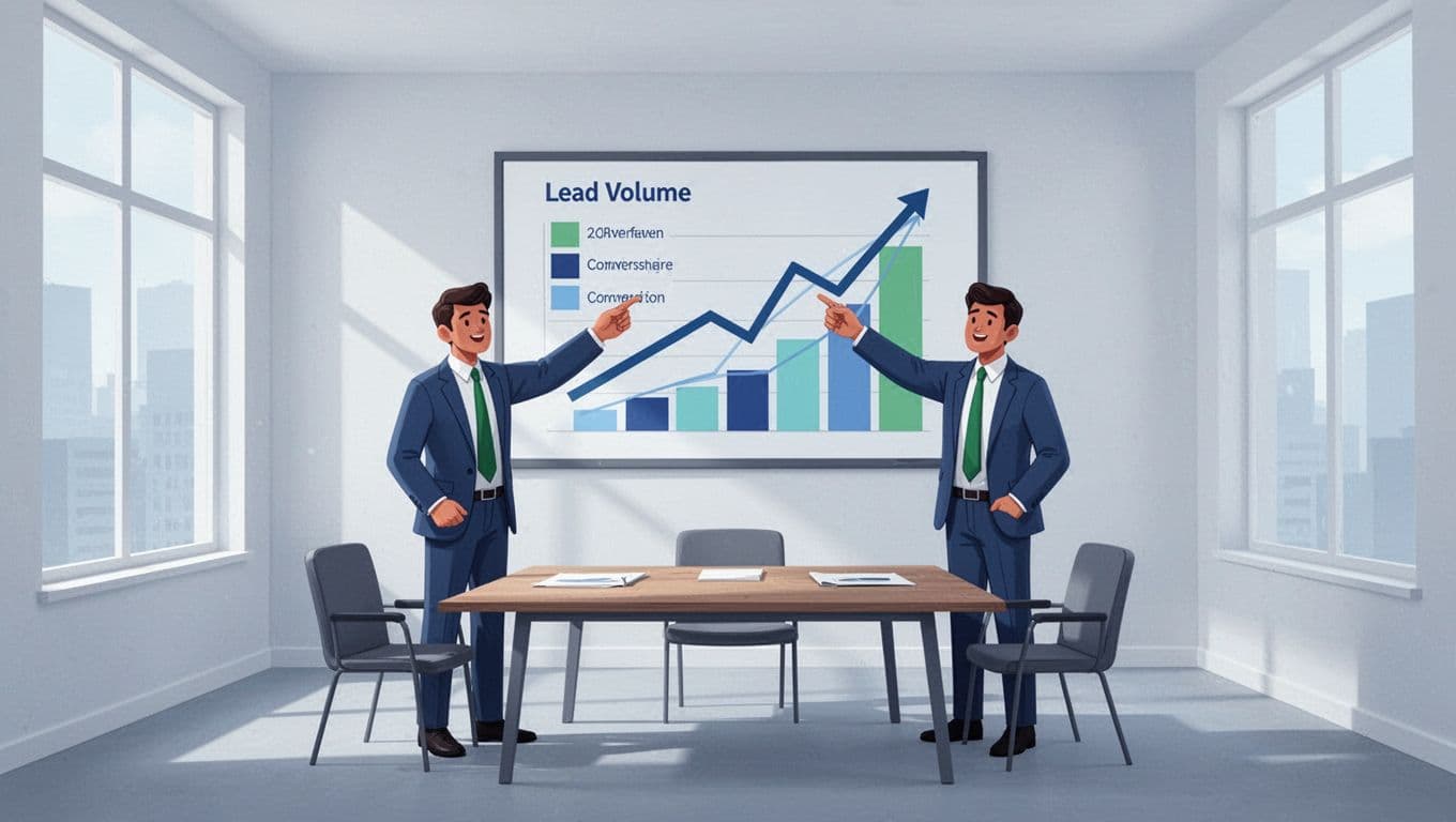 Two sales team members stand and point at upward trending lead volume and conversion charts on a wall screen in a bright meeting room.