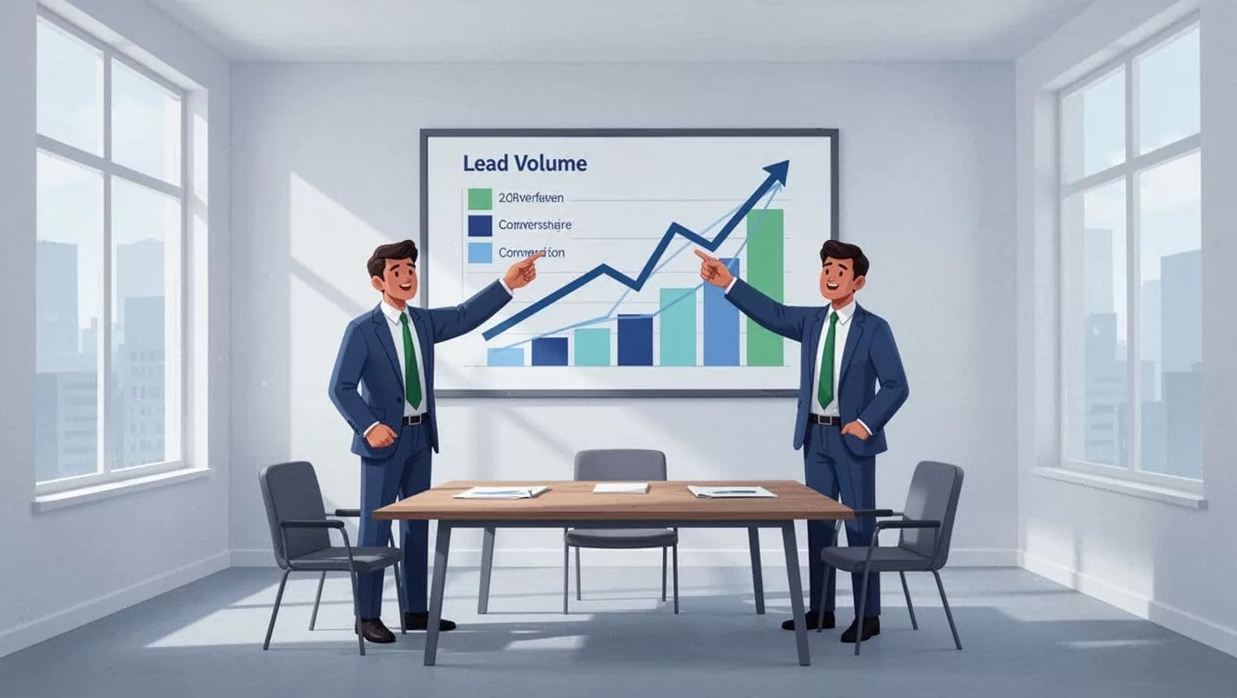 Two sales team members stand and point at upward trending lead volume and conversion charts on a wall screen in a bright meeting room.