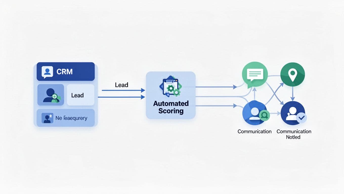 Flowchart depicts Salesforce icon on left sending lead to central AI agent for scoring, then to email and Slack icons on right.