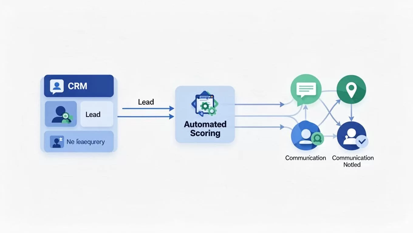 Flowchart depicts Salesforce icon on left sending lead to central AI agent for scoring, then to email and Slack icons on right.