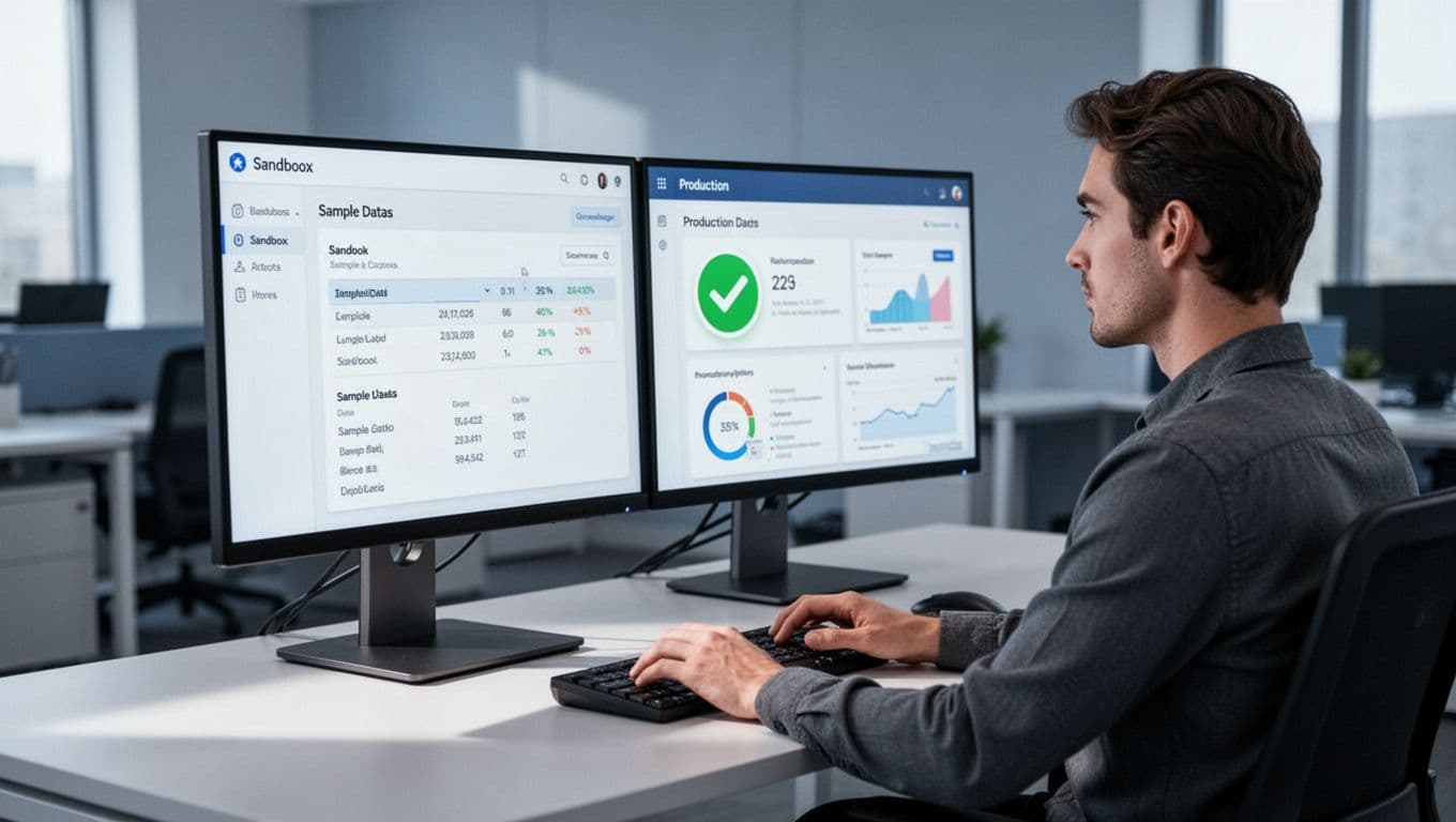 Developer at dual monitors views Salesforce sandbox with test data on left and production-ready with green check on right.
