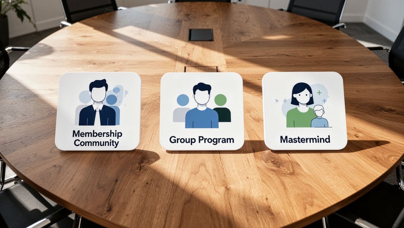 Top-down view of conference table with three icons: chat bubbles, video call, networking circle.