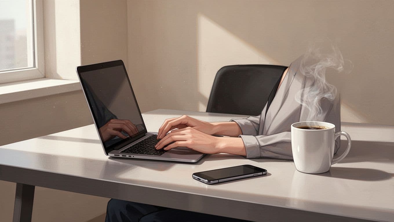 Person at desk with laptop open to post composer interface, phone showing X notification nearby, coffee mug, and window light.