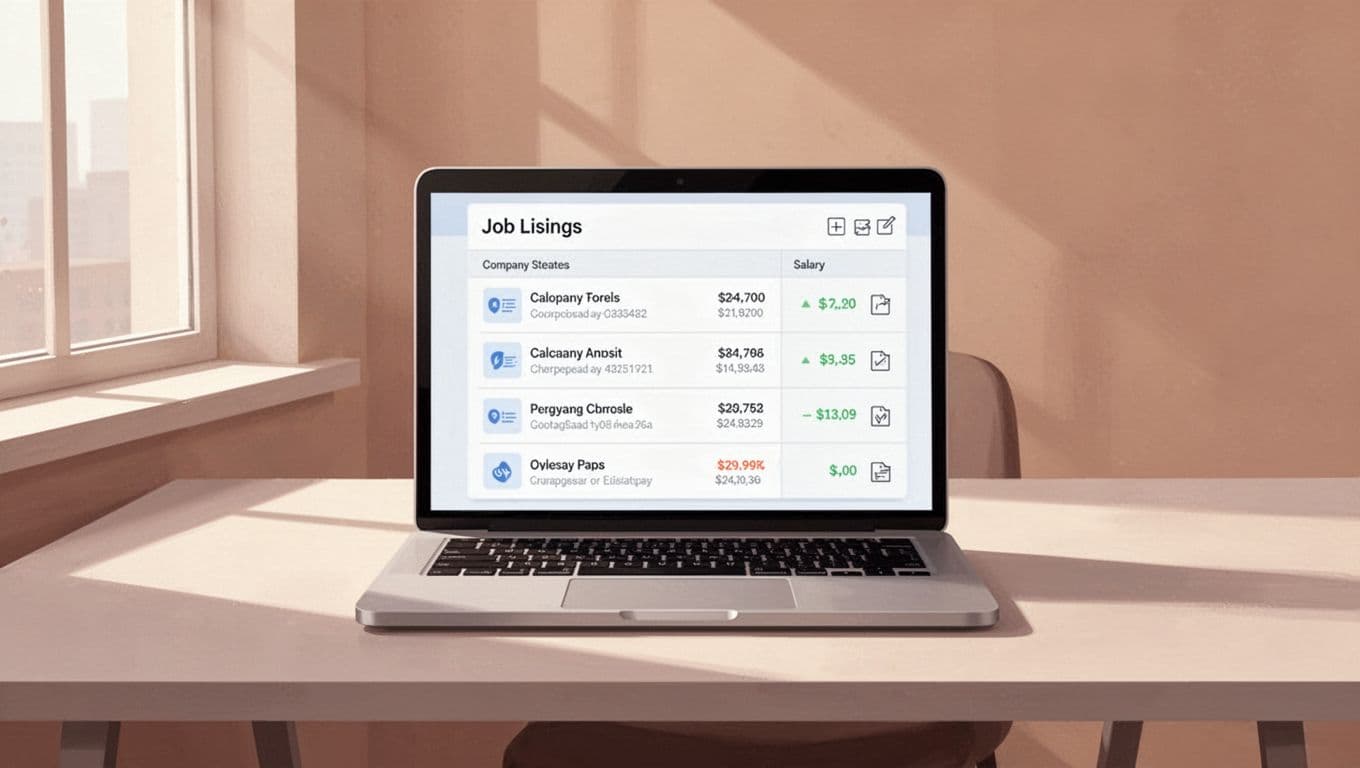 Laptop on desk shows browser window linked to spreadsheet of job listings with titles, companies, salaries, and export icons.