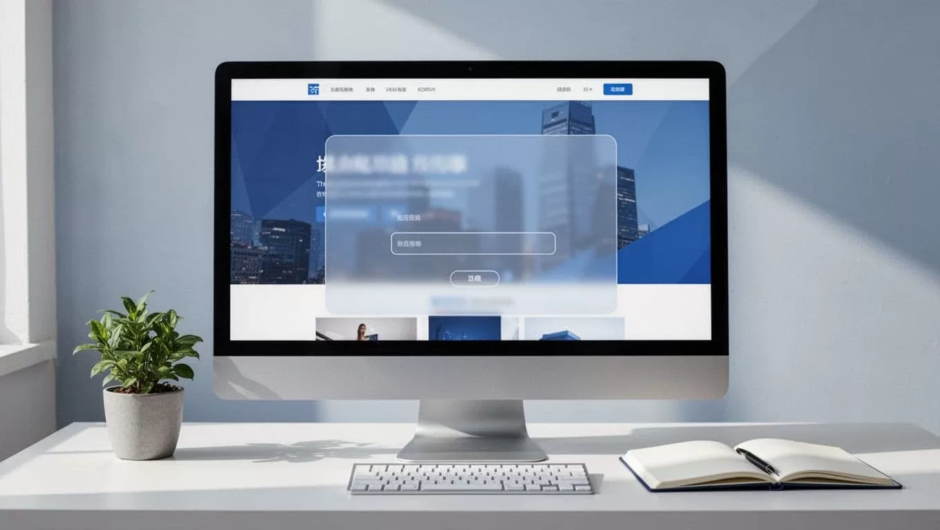 Desktop screen in home office displays simple login popup overlay with paywall on website, plant and notebook nearby.