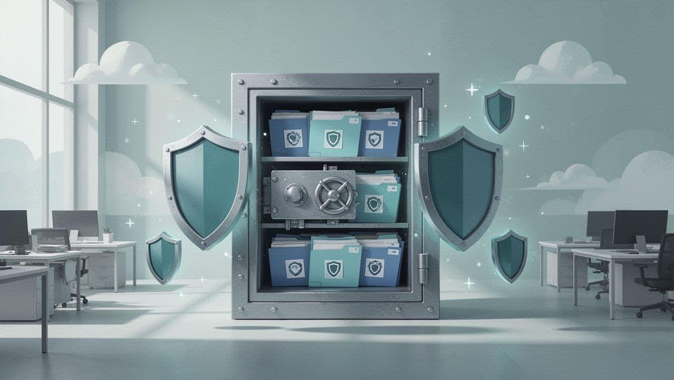Digital vault with locked documents and shield icons guards cloud storage in abstract office.