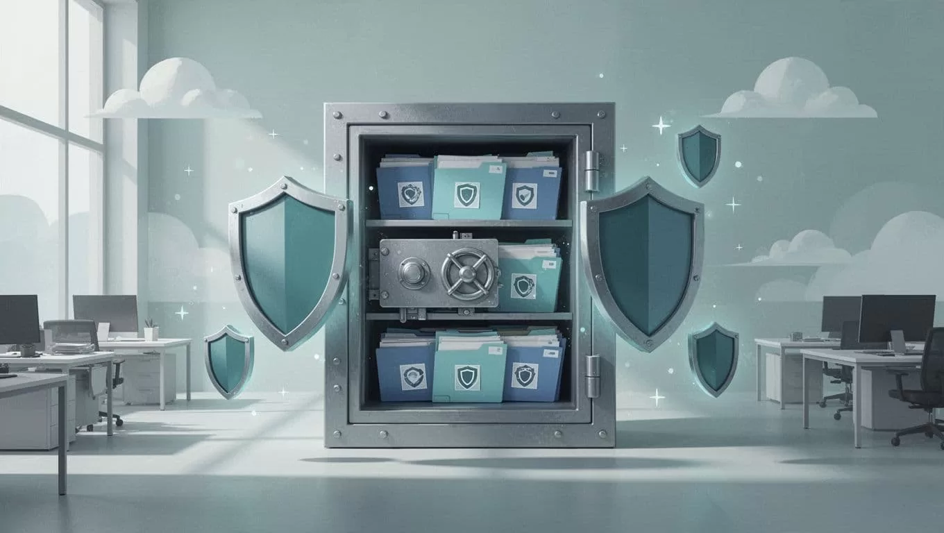 Digital vault with locked documents and shield icons guards cloud storage in abstract office.