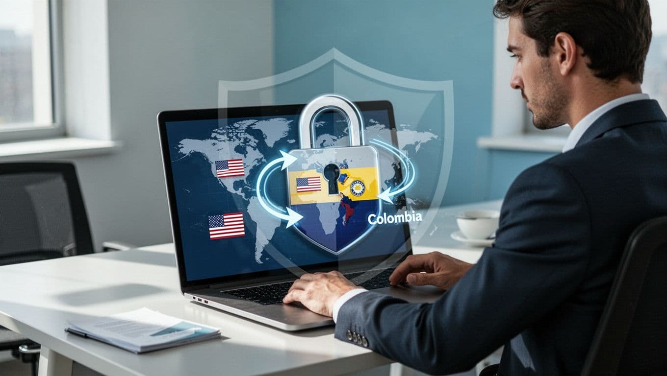 Secure lock on world map highlights Colombia with shielded arrows from US to Colombia, viewed on office laptop by one person.