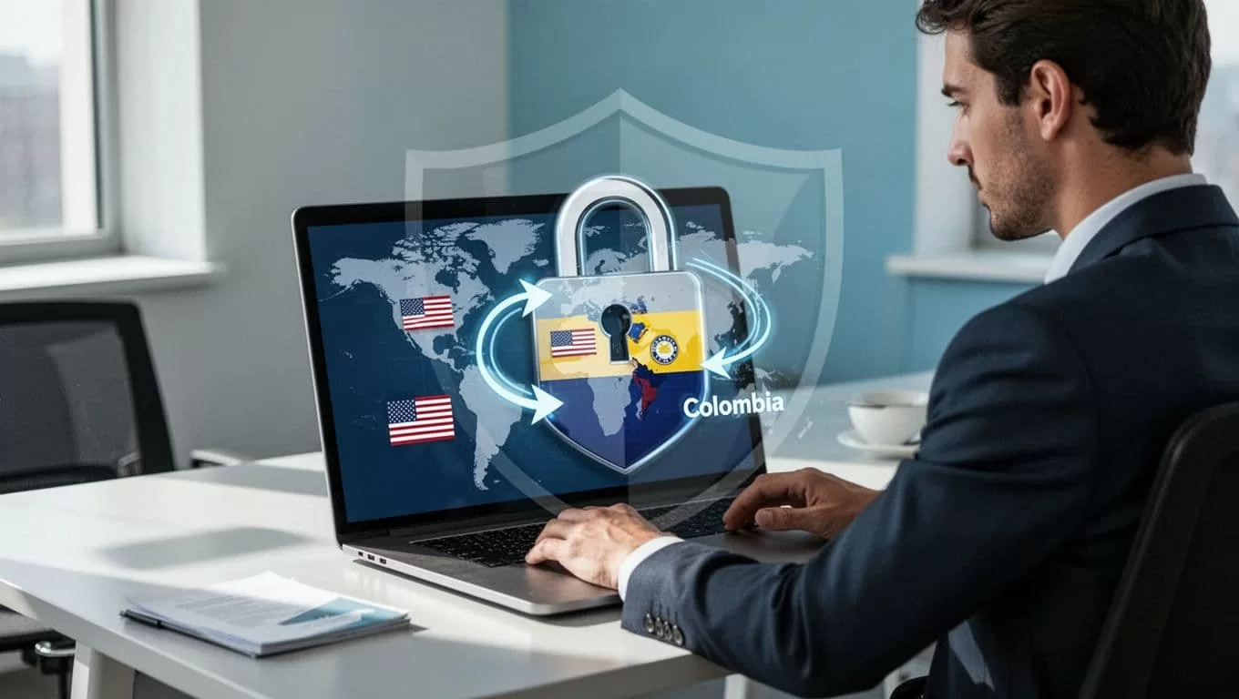 Secure lock on world map highlights Colombia with shielded arrows from US to Colombia, viewed on office laptop by one person.