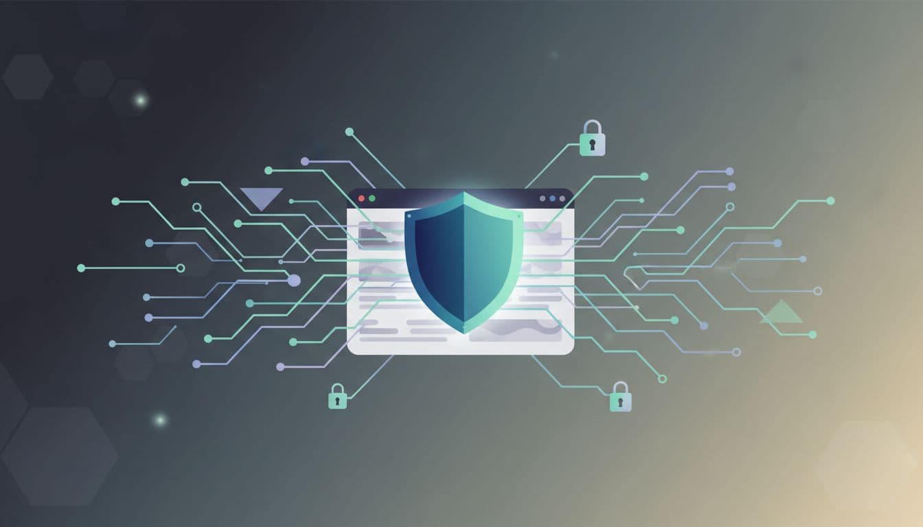 A stylized shield icon overlays a central digital inbox, surrounded by glowing abstract nodes representing encrypted signals. The composition uses muted blue and gray tones to convey professional information security.