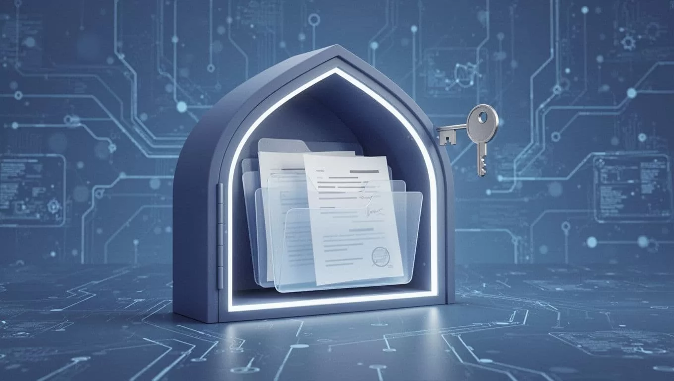 Glowing vault door opens to reveal organized folders and documents inside, with floating key icon nearby.