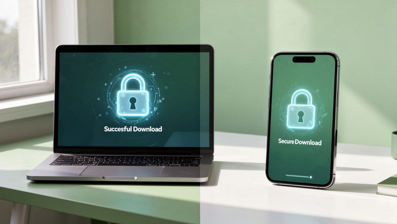 Laptop and phone screens display protected download page with glowing secure lock and download button.