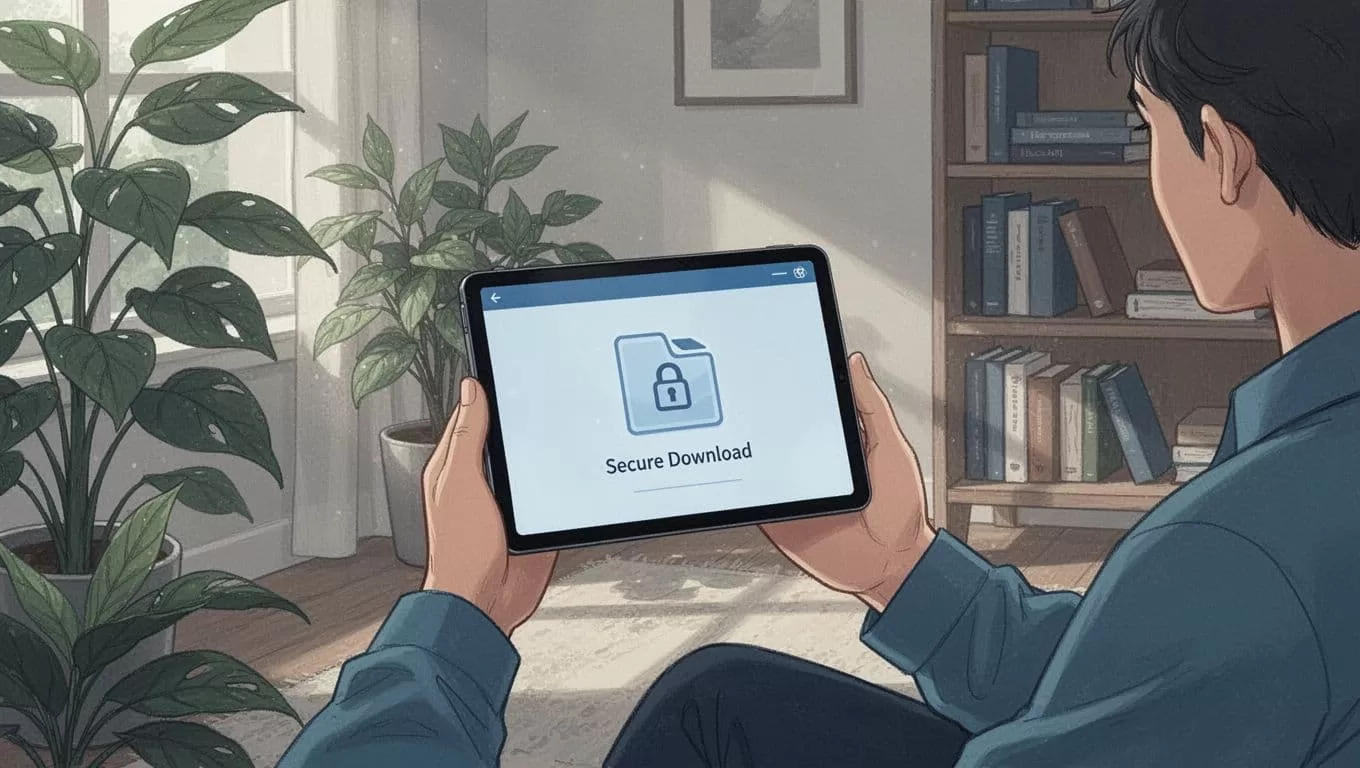 Person holds tablet showing locked members-only file in cozy living room with plants and bookshelf.