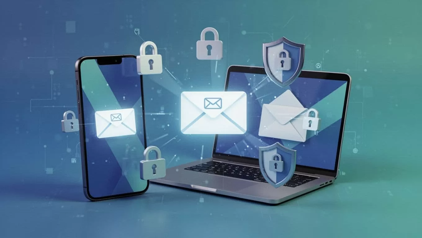 Locks and shields surround business email inbox on phone and laptop in blue-green palette.