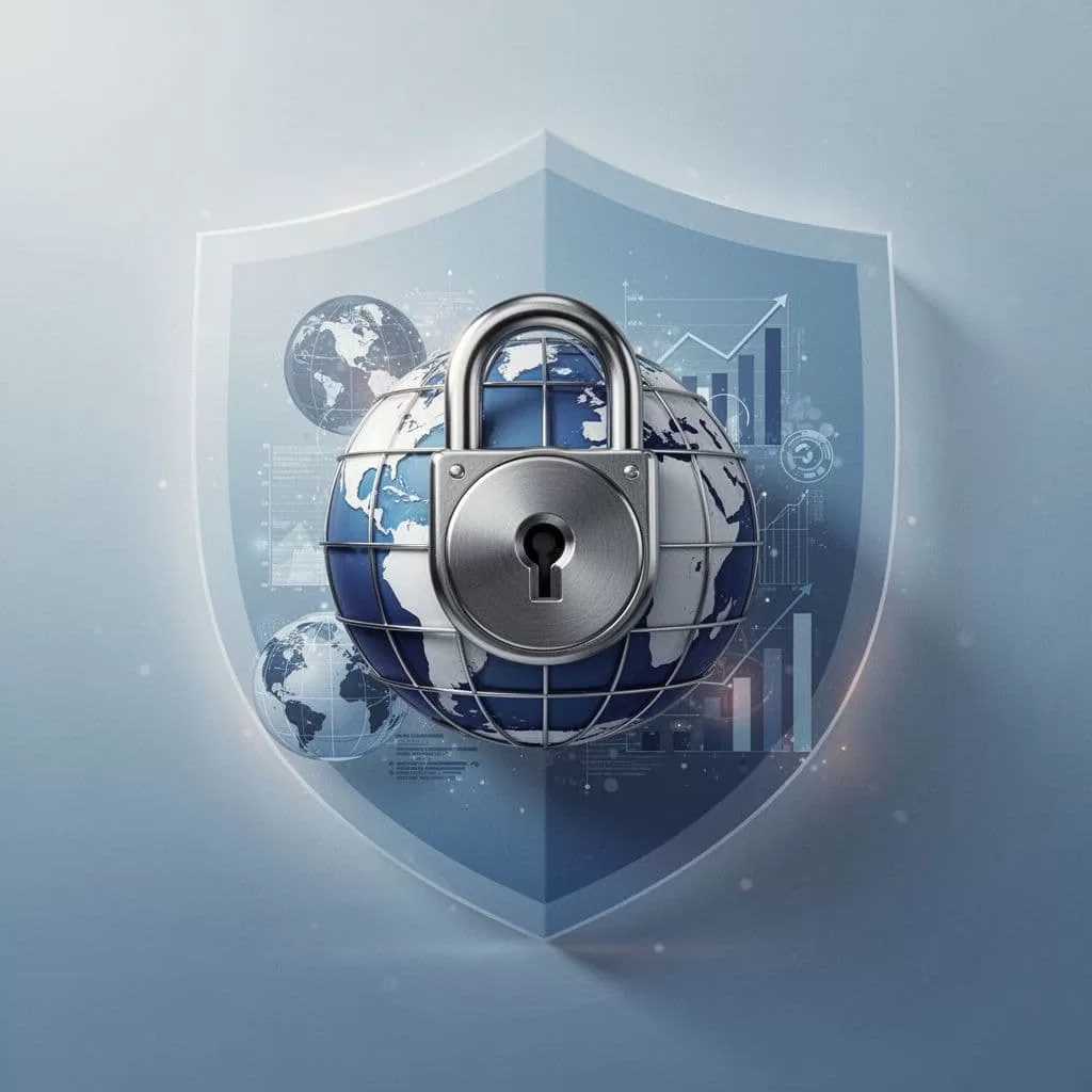 Lock icon integrated with globe and Naira-USD symbols on digital shield background.