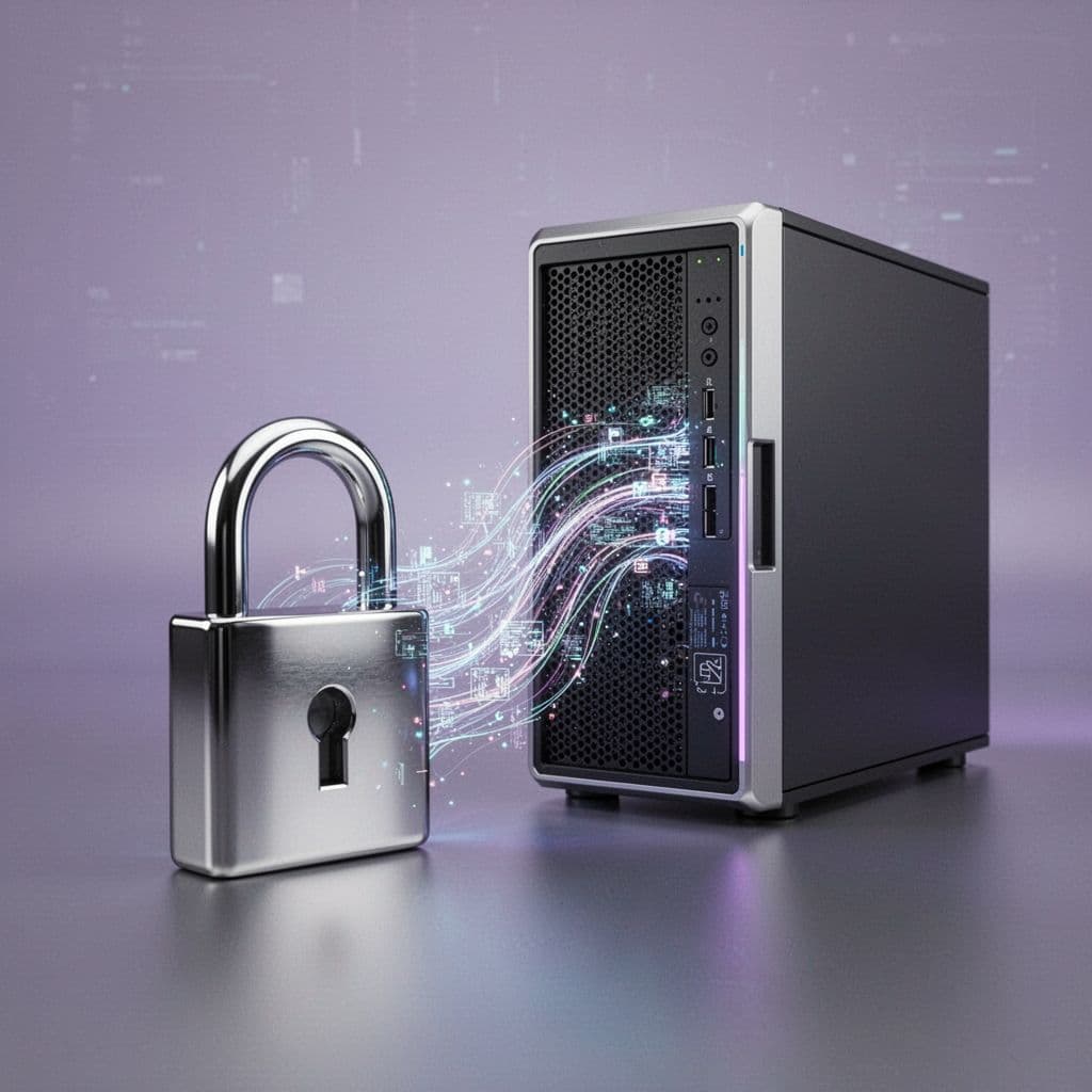 Secure lock icon integrates with data streams entering a shielded server.