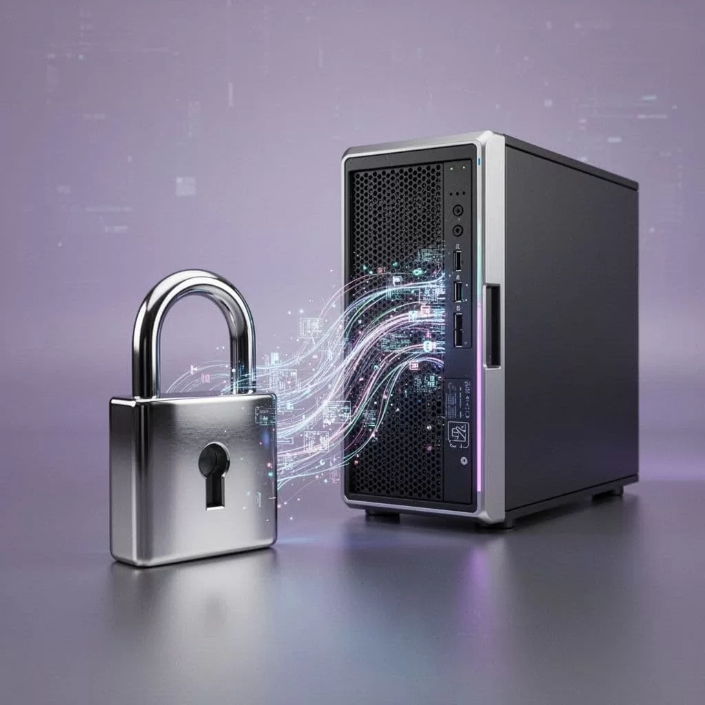Secure lock icon integrates with data streams entering a shielded server.