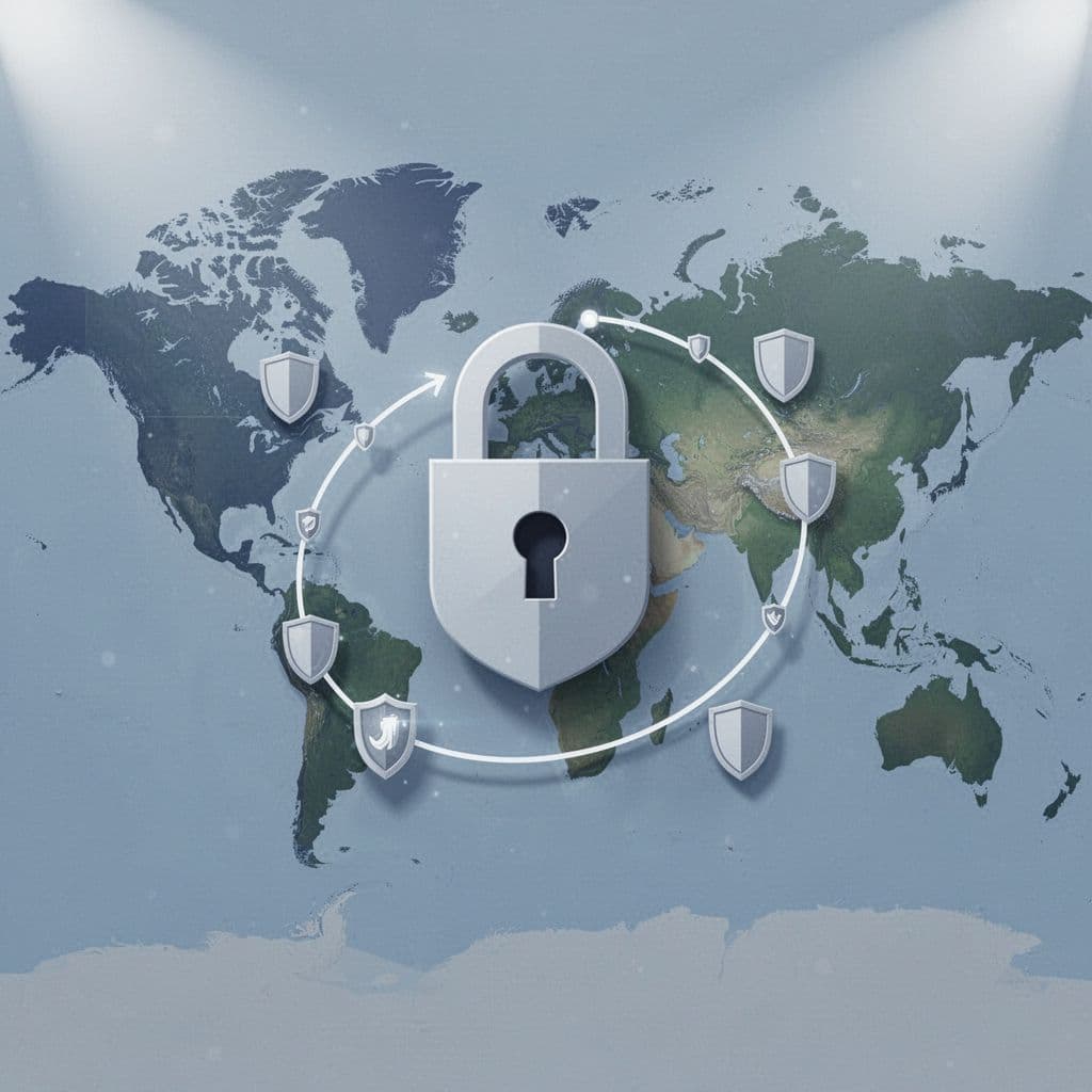 Secure lock icon over world map highlights US to Pakistan route with surrounding shield symbols on simple background.